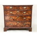 QUEEN ANNE CHEST, 90cm H x 97cm W x 55cm D, early 18th century English figured walnut with two short