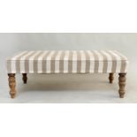 WINDOW SEAT, rectangular taupe/cream linen striped upholstered with turned supports, 108cm W x