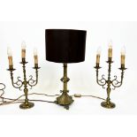 ECCLESIASTICAL CANDLESTICK LAMPS, and a pair of three scrolling branch candlestick lamps, 60cm H. (