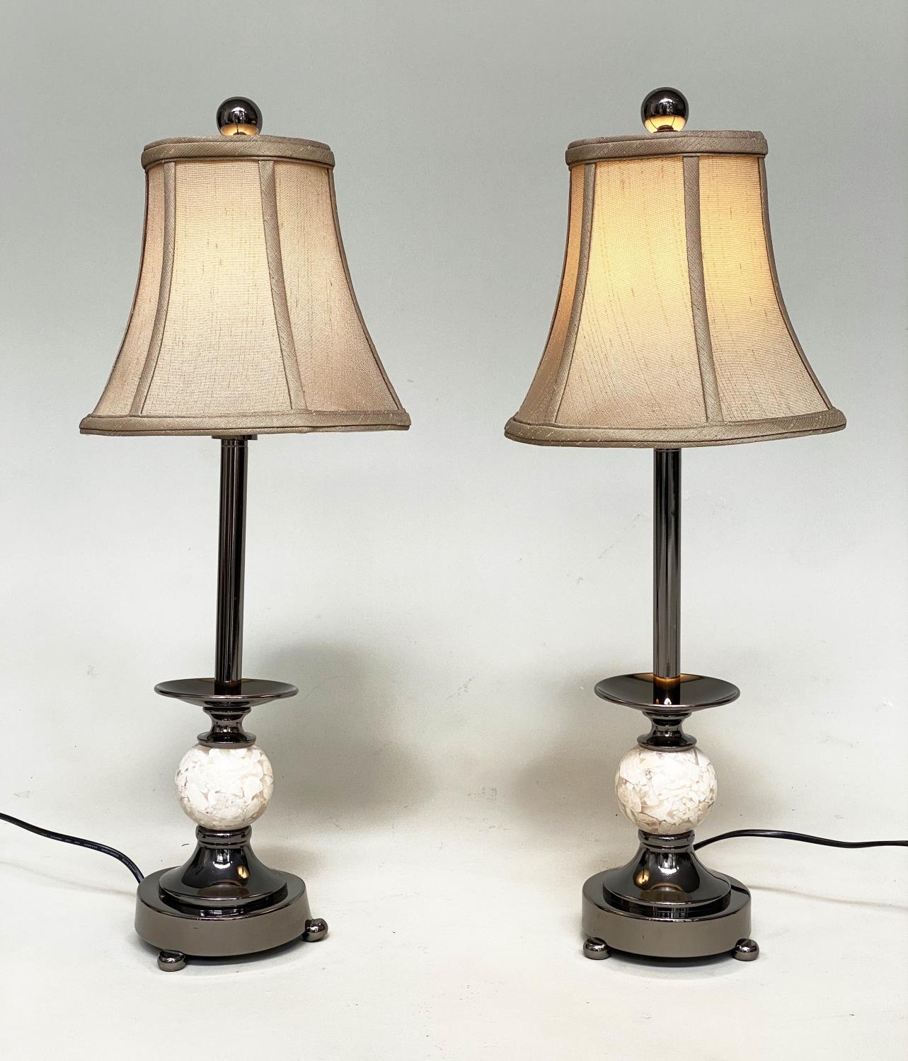 TABLE LAMPS, a pair, with chrome columns and a reconstituted marble spheres (with shades), 60cm