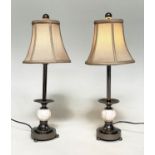TABLE LAMPS, a pair, with chrome columns and a reconstituted marble spheres (with shades), 60cm
