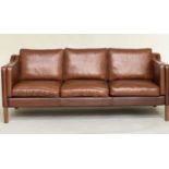 DANISH SOFA, 1970s tan brown leather three seater with teak supports, 200cm W.