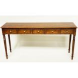 HALL TABLE, George III design burr walnut and crossbanded with five frieze drawers and turned