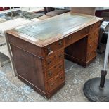 PEDESTAL DESK, 76cm H x 120cm W x 64cm D, Victorian oak with green leather top and nine drawers on