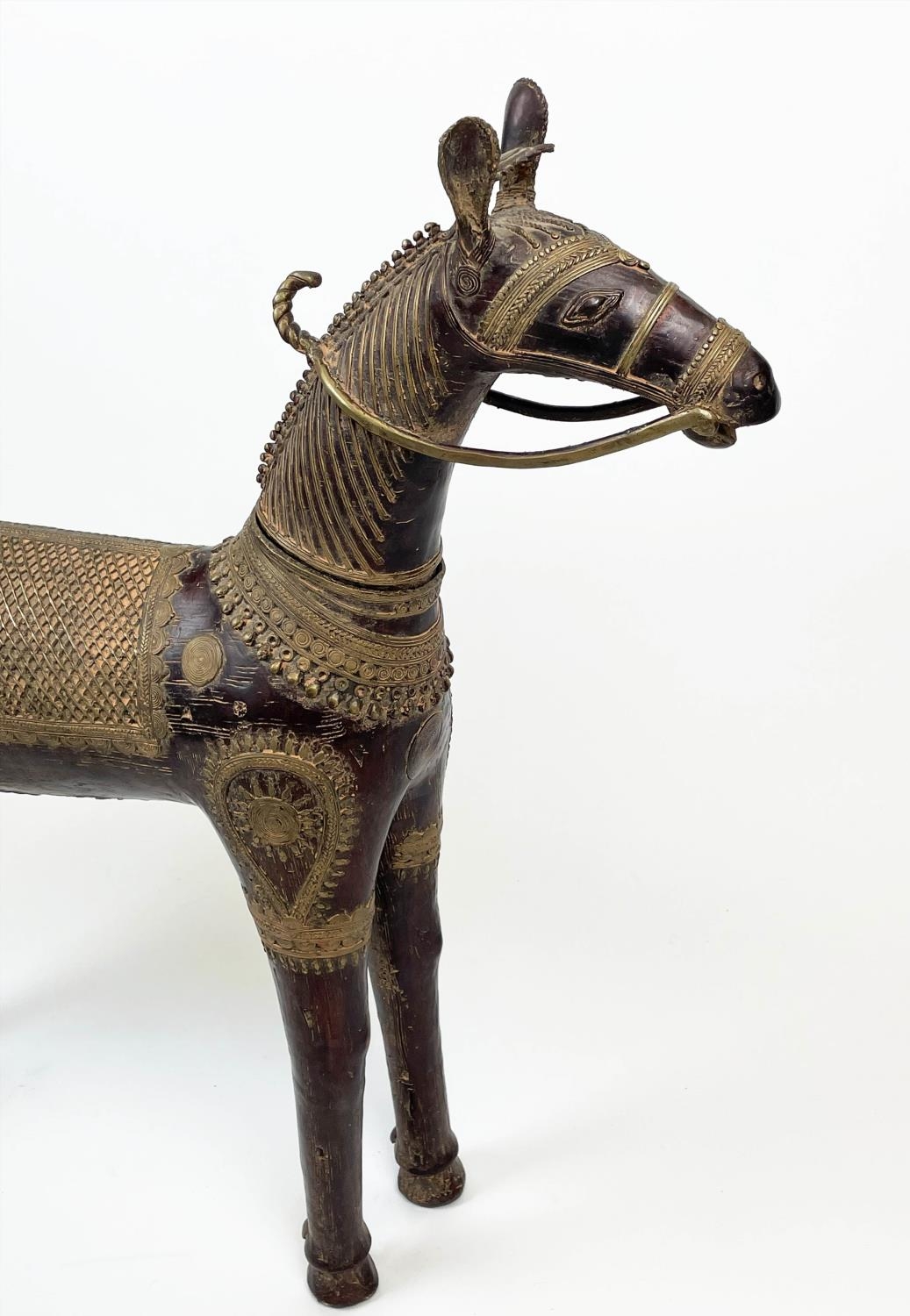 INDIAN BRONZE HORSE, embellished with saddle and decorative detail, 90cm L x 74cm H. - Image 4 of 5