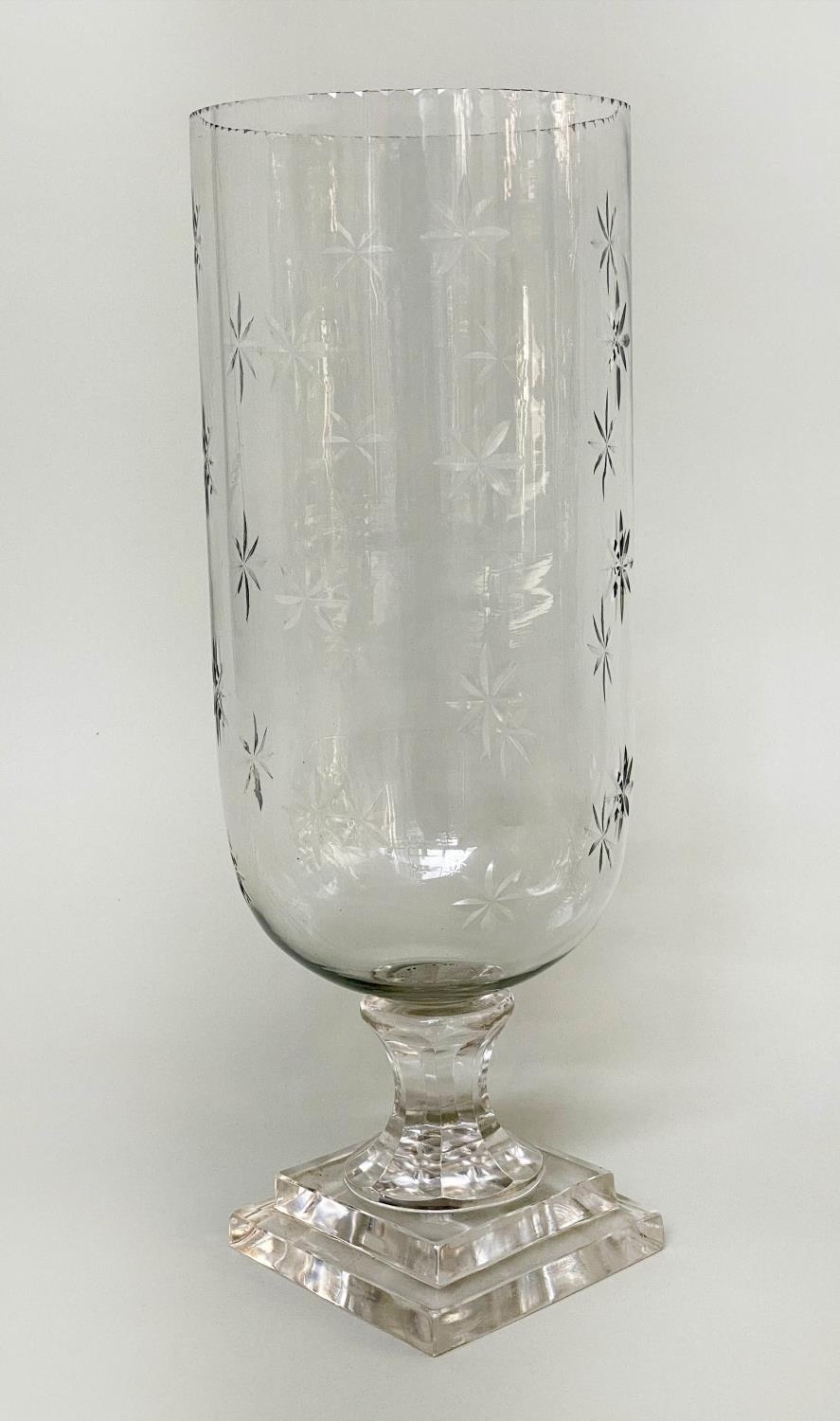 STORM LANTERNS, a pair, cut glass of vase form engraved with stepped plinth base, 40cm H. (2) - Image 6 of 6