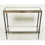 CONSOLE TABLE, Art Deco style bronze forged metal with two tier glass shelves, 80cm W x 25cm D x