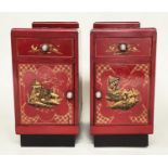 ART DECO BEDSIDE CABINETS, a pair, 1930s red lacquered and gilt Chinoiserie decorated each with