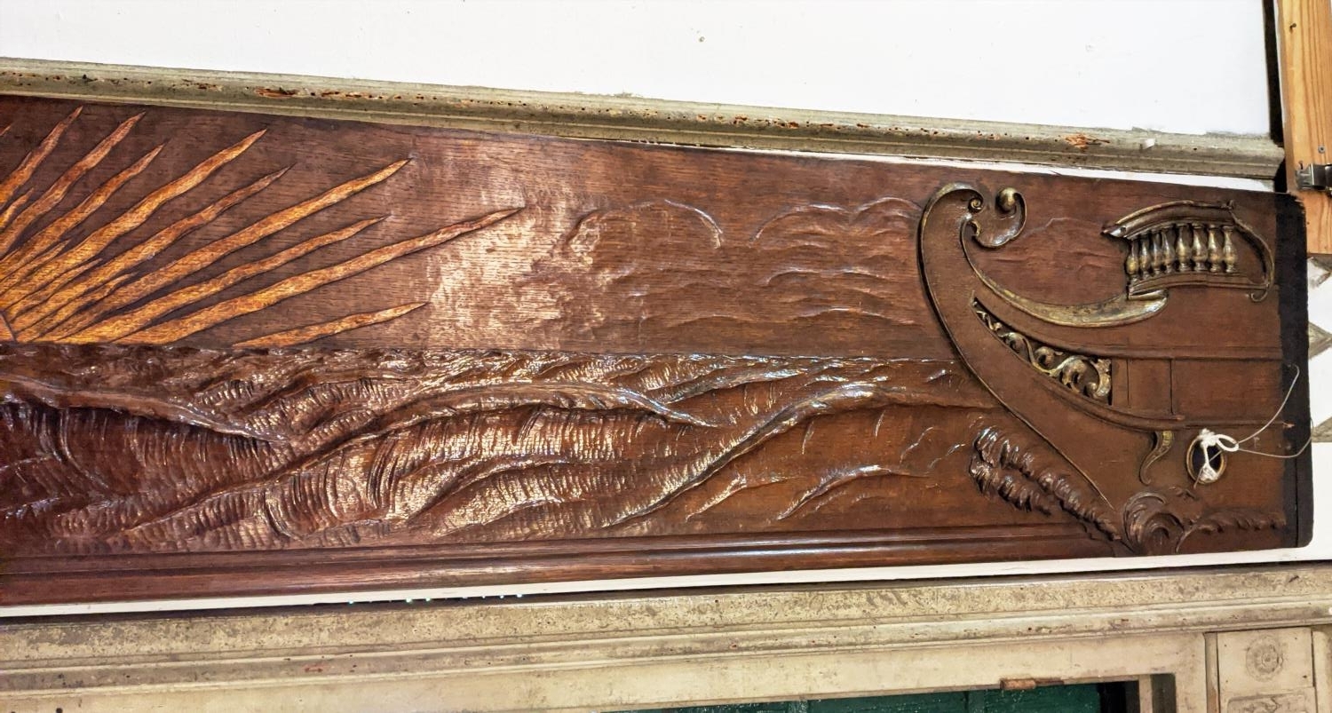 CARVED WOOD PANEL 43cm H x 295cm L, oak, early 20th century, depicting two ships, a rolling sea - Image 4 of 6