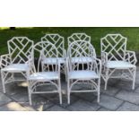 DINING ARMCHAIRS, six, bamboo and cane bound with lattice backs, 45cm W. (6)