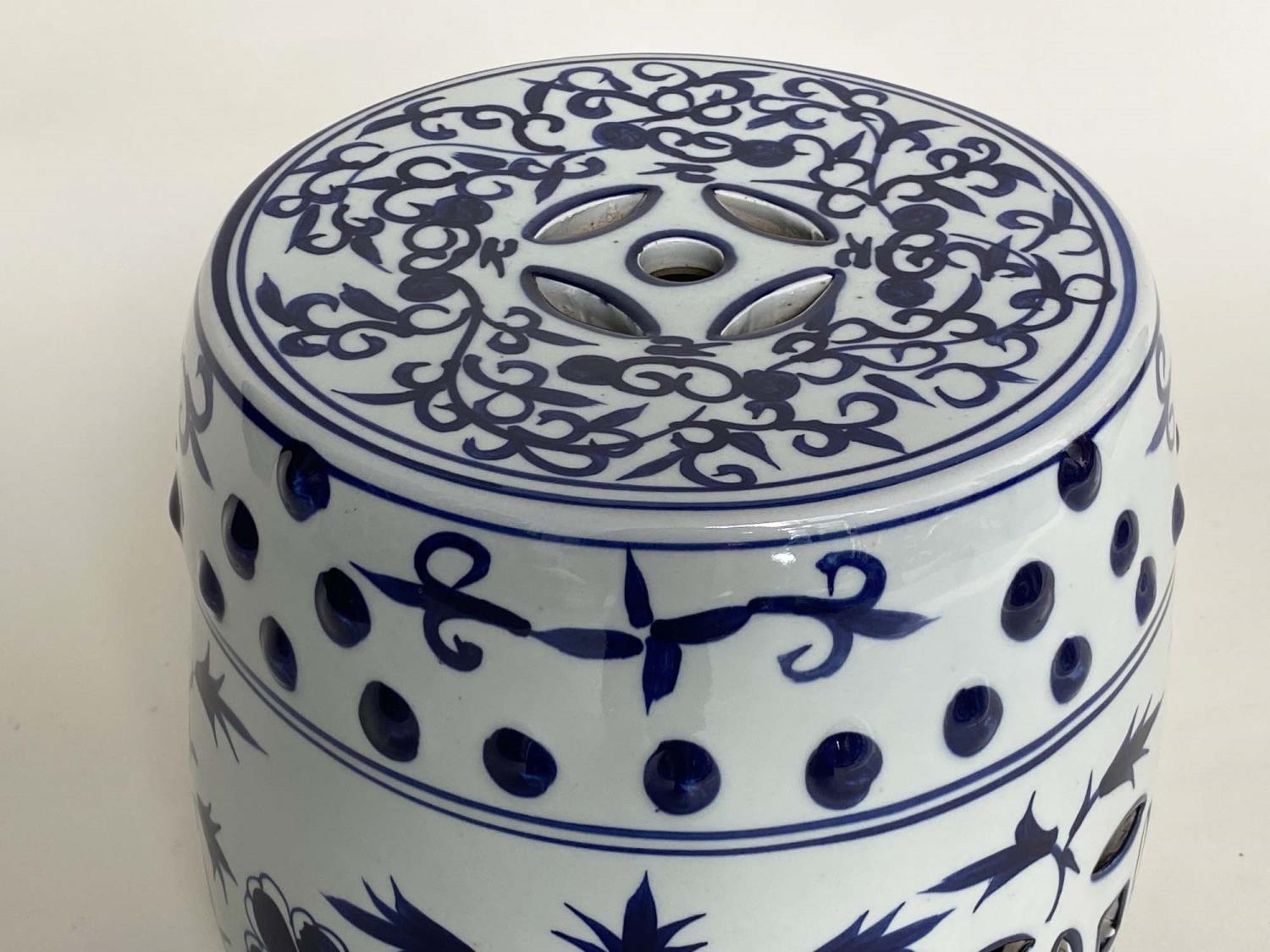 CHINESE STOOL, blue and white ceramic of barrel form with pierced top, 40cm H. - Image 2 of 4