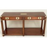 HALL TABLE, campaign style mahogany and brass bound with two frieze drawers and undertier, 136cm L x