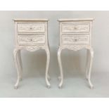 BEDSIDE CHESTS, a pair, French Louis XV style traditionally carved and grey painted each with two