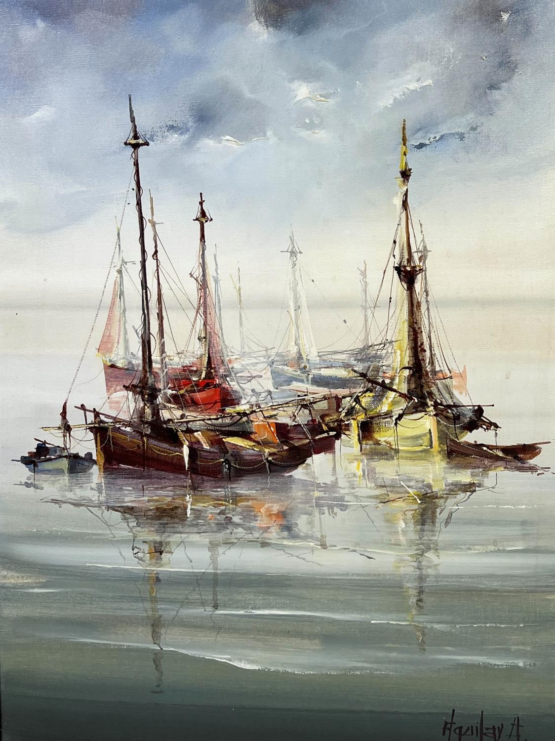 JORGE AGUILAR AGON (B.1936, Spain), 'Fishing boats', oil on canvas, 75cm x 49cm, signed, framed. - Image 2 of 4