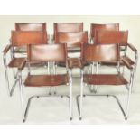 DINING ARMCHAIRS, a set of eight, Bauhaus design, chrome framed cantilever armchairs with stitched