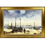 JORGE AGUILAR AGON (B.1936, Spain), 'Fishing boats', oil on canvas, 58cm x 91cm, signed, framed.