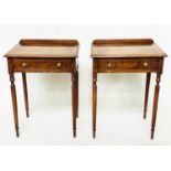 LAMP TABLES, a pair, George III design burr walnut and crossbanded each with frieze drawer and