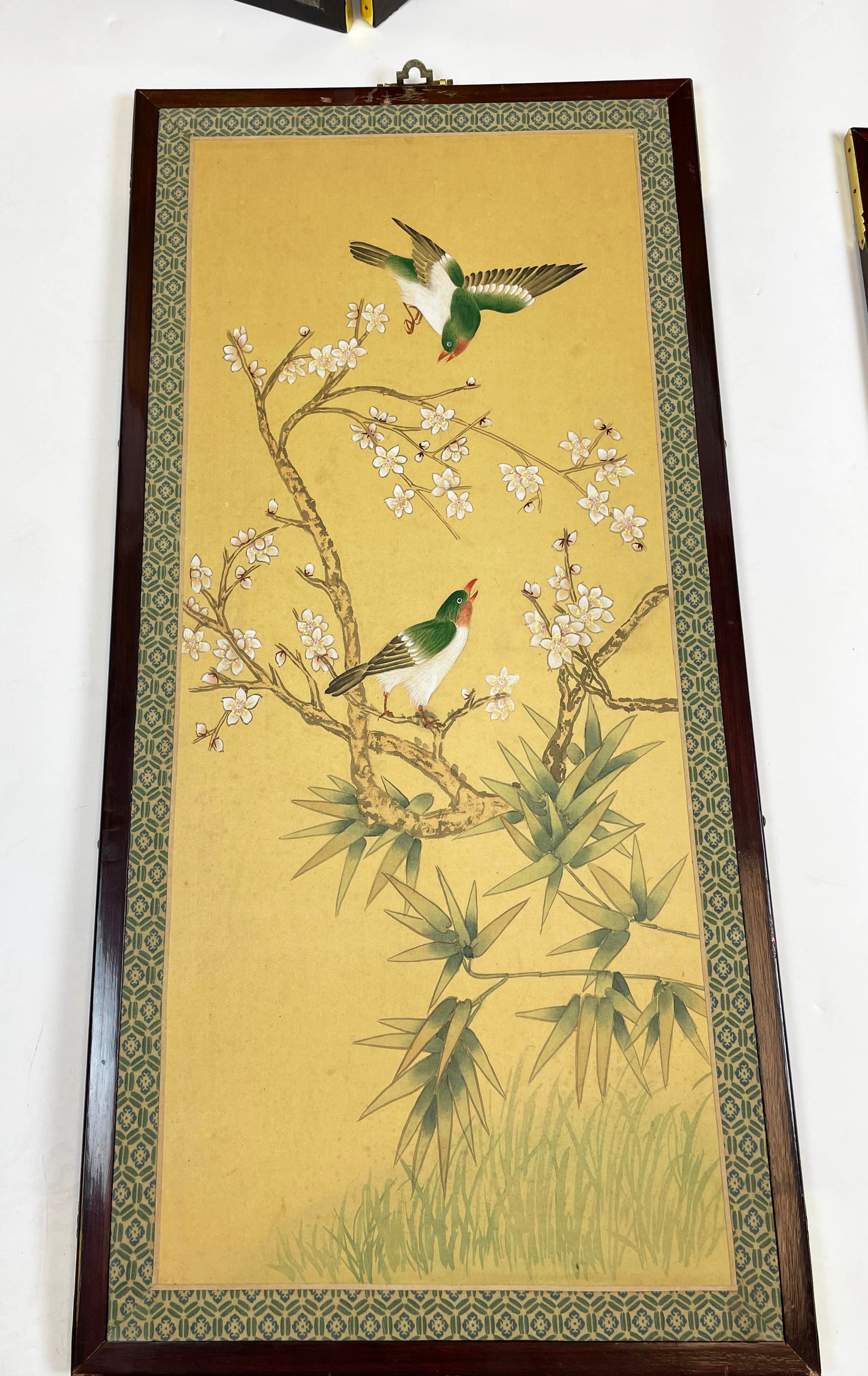 FOUR FOLD CHINESE SCREEN, handpainted on silk with figures bamboo and birds with two matching - Image 6 of 6