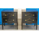 BEDSIDE CHESTS, 70cm h x 58cm x 40cm, a pair, black lacquer, craquelure and gilt laurel leaf