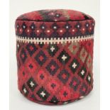 POUFFE, antique Turkoman Kelim upholstered of cylindrical stool form, 46cm W x 43cm H.