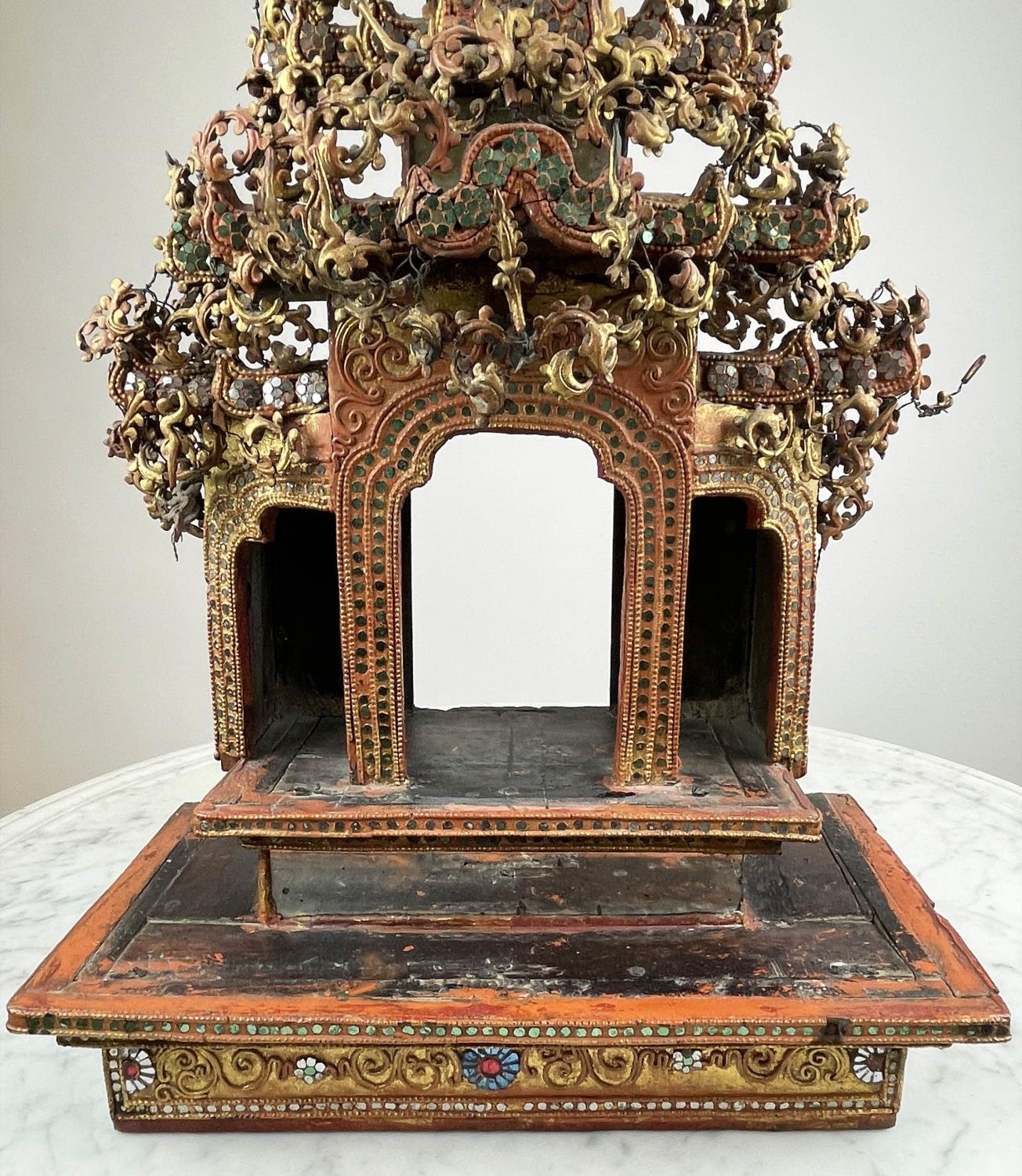 THAI BUDDHIST SHRINE, ornately carved wood with mirrored and gilt painted decoration, 77cm H x - Image 4 of 5