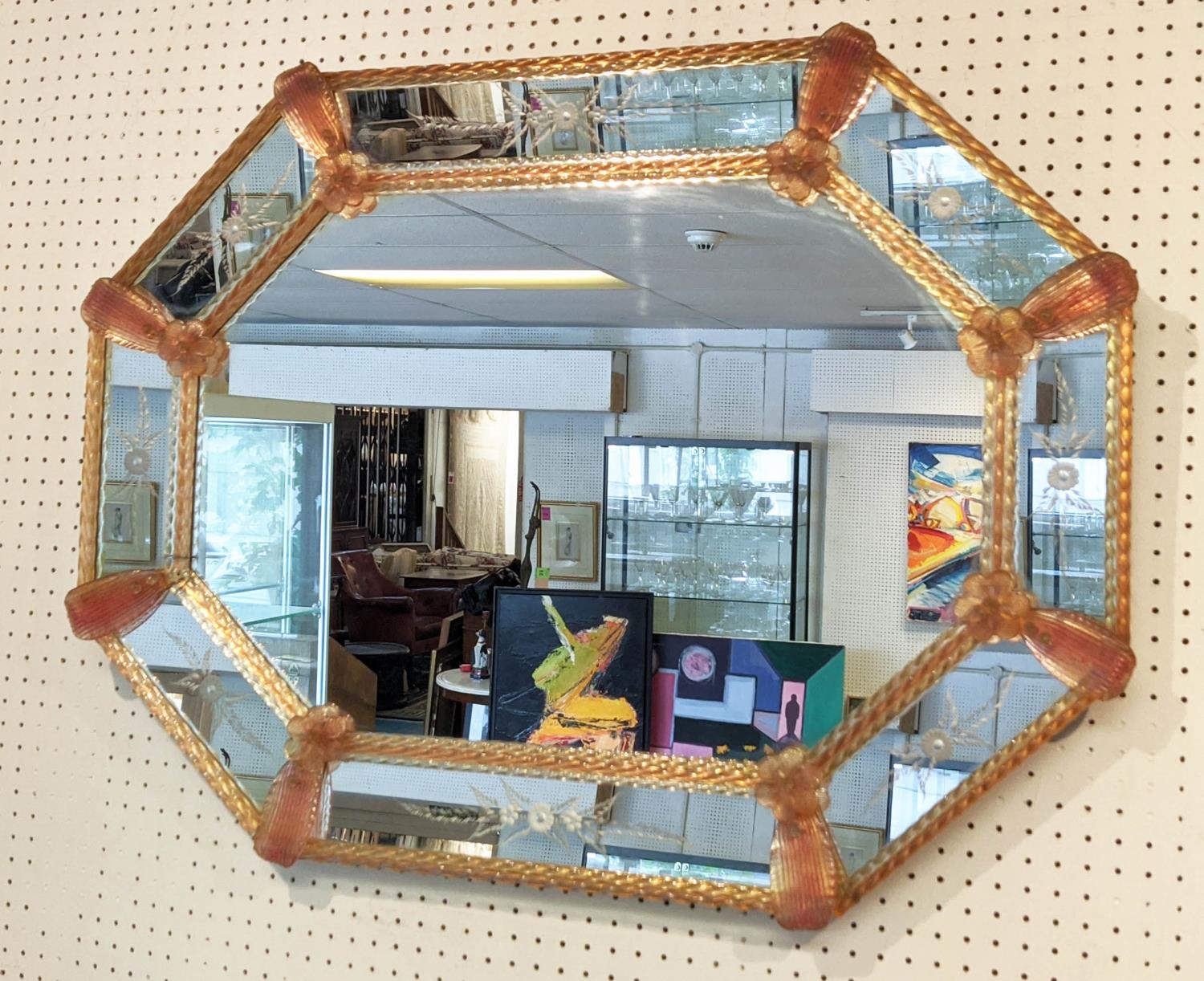 MURANO MIRROR, mid 20th century octagonal form, with etched foliate border and pink rope twist