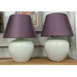 TABLE LAMPS, a pair, 51cm H white, each with a purple shade. (2)