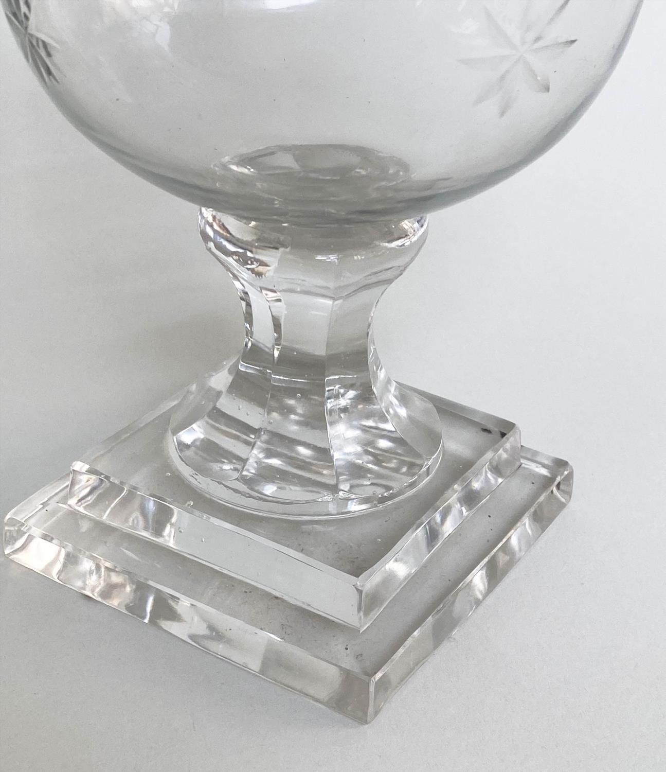 STORM LANTERNS, a pair, cut glass of vase form engraved with stepped plinth base, 40cm H. (2) - Image 2 of 6