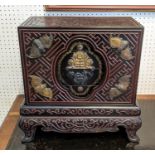CHINESE COMPARTMENTALISED LACQUERED BOX ON STAND, in four sections, incised decoration with metal