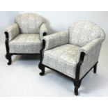 ARMCHAIRS, 77cm H x 72cm, a pair, circa 1900, Georgian revival mahogany in pale patterned linwood