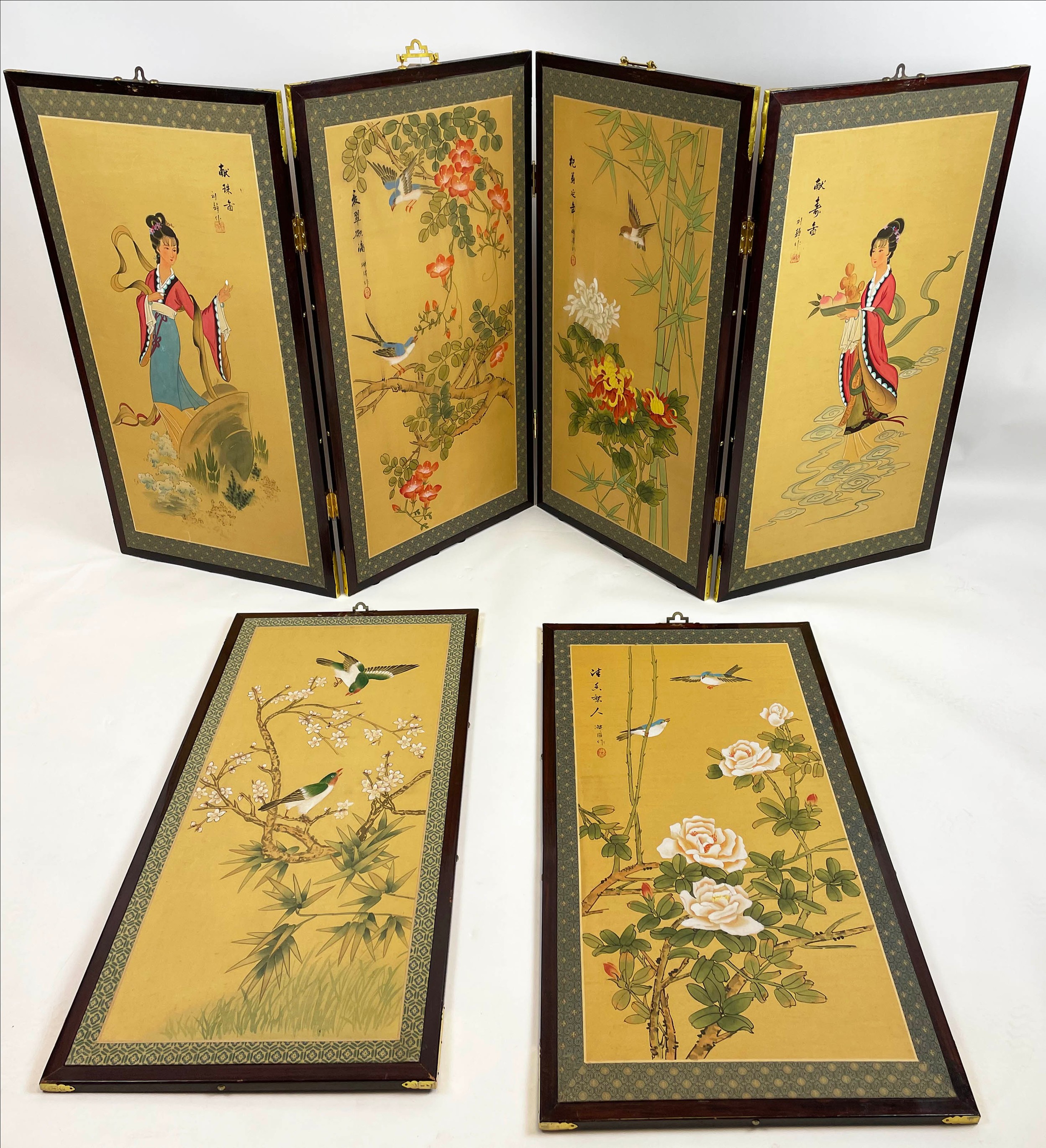 FOUR FOLD CHINESE SCREEN, handpainted on silk with figures bamboo and birds with two matching - Image 4 of 6