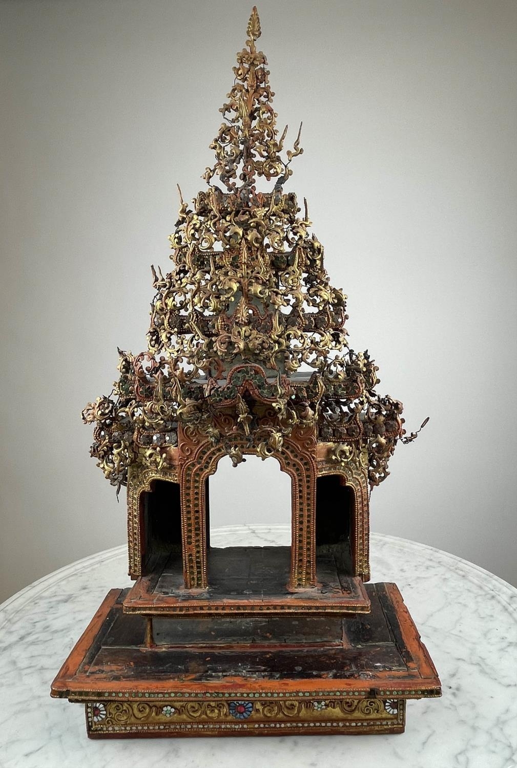 THAI BUDDHIST SHRINE, ornately carved wood with mirrored and gilt painted decoration, 77cm H x - Image 3 of 5