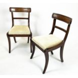 DINING CHAIRS, 84cm H x 47cm W, a set of six, Regency mahogany, with Designers Guild light grey