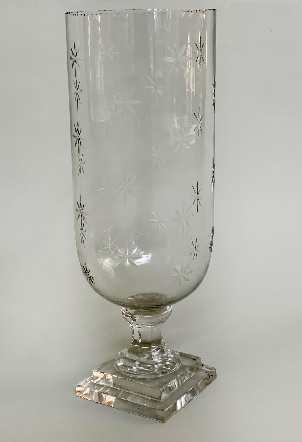 STORM LANTERNS, a pair, cut glass of vase form engraved with stepped plinth base, 40cm H. (2) - Image 5 of 6