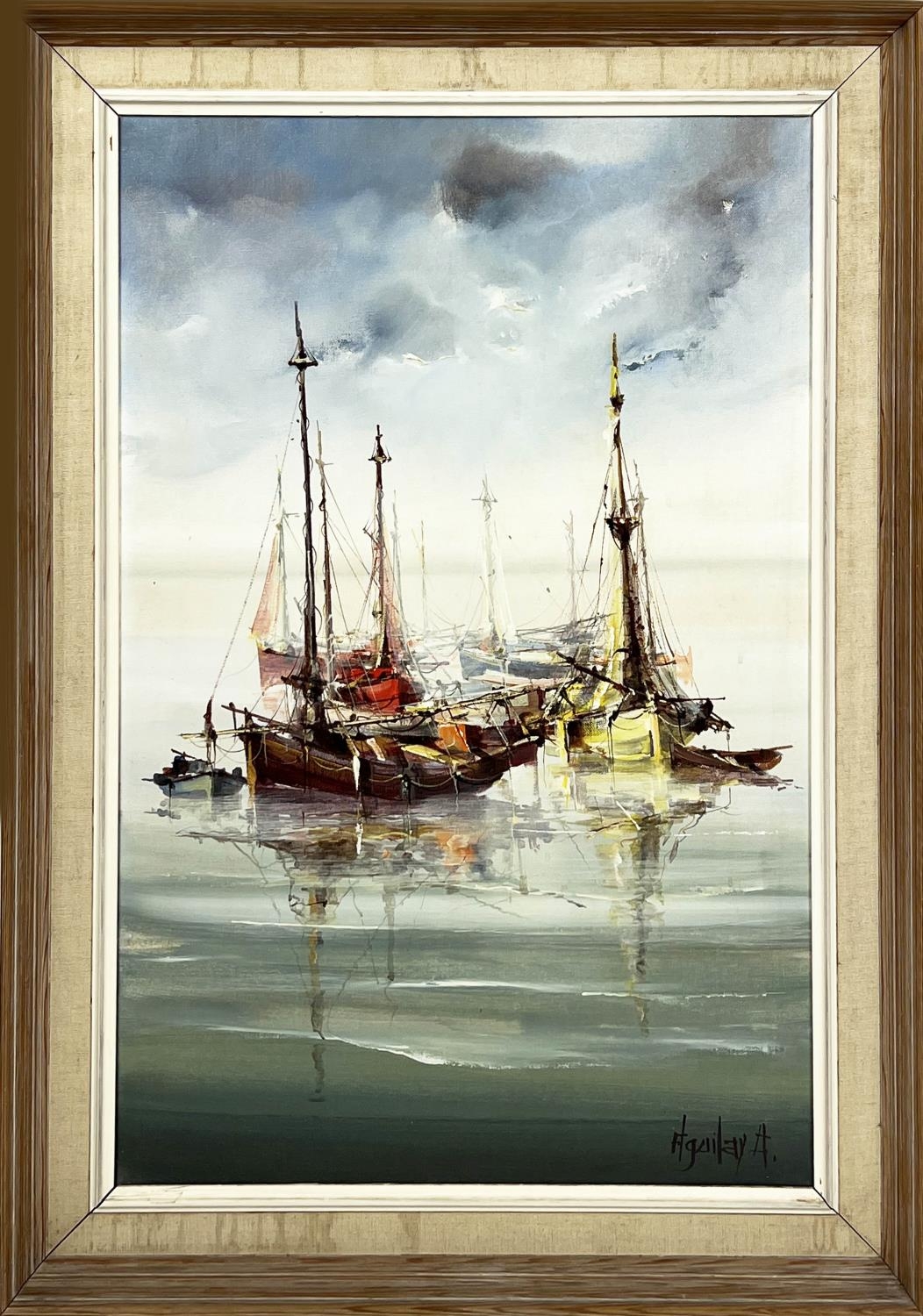 JORGE AGUILAR AGON (B.1936, Spain), 'Fishing boats', oil on canvas, 75cm x 49cm, signed, framed.