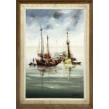 JORGE AGUILAR AGON (B.1936, Spain), 'Fishing boats', oil on canvas, 75cm x 49cm, signed, framed.