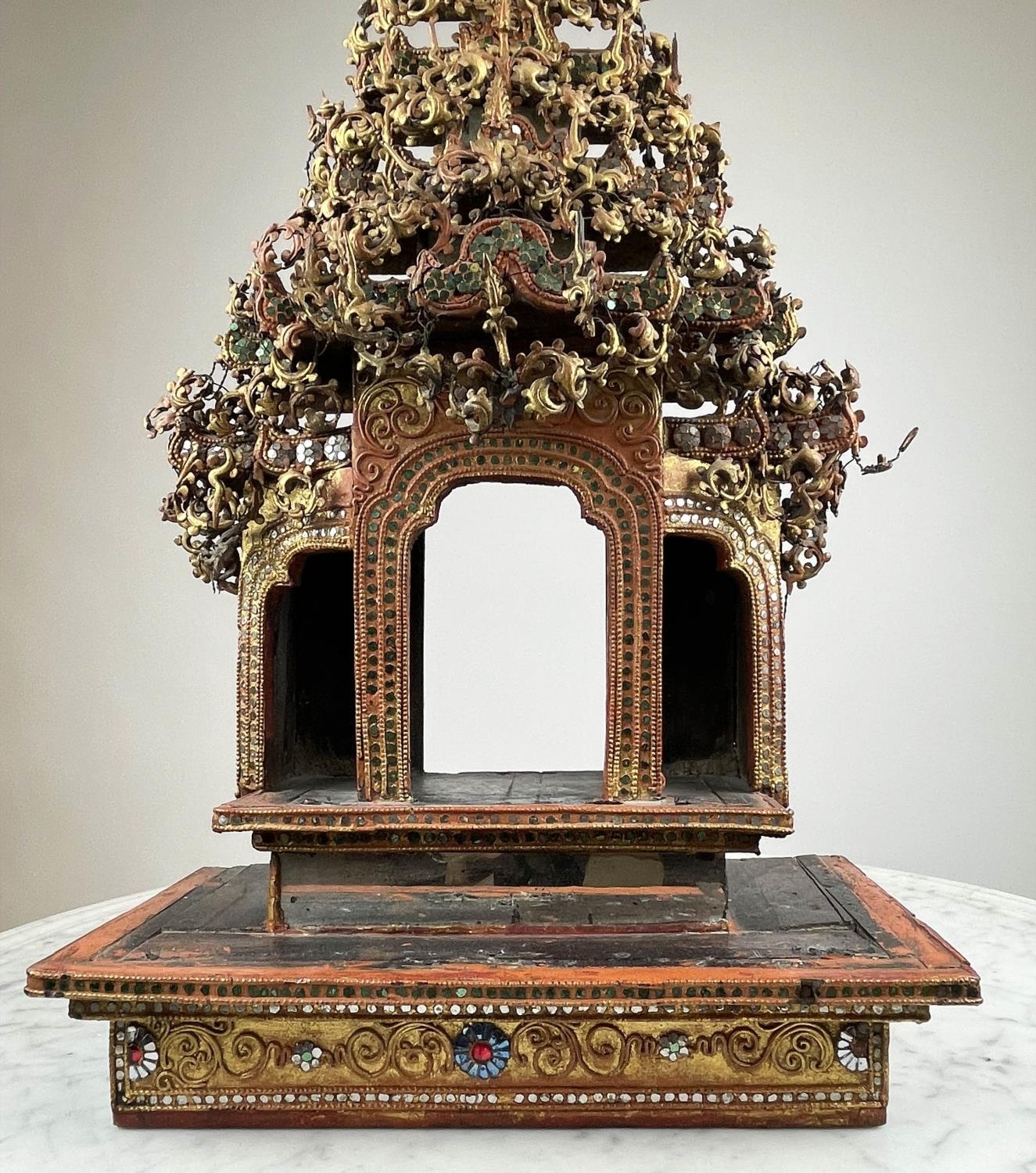 THAI BUDDHIST SHRINE, ornately carved wood with mirrored and gilt painted decoration, 77cm H x - Image 5 of 5