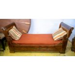 LIT EN BATEAU, Charles X mahogany, circa 1830 with swan neck and scroll carved ends, red upholstery,