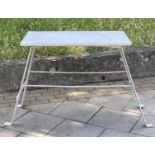 GARDEN POTTING TABLE, 19th century wrought iron with outswept supports and marble top, 92cm x 49cm D