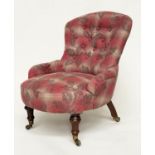 VICTORIAN SLIPPER CHAIR, buttoned oak leaves and tartan upholstered with turned front feet to