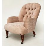 VICTORIAN ARMCHAIR, walnut with buttoned chenille upholstery and turned supports, 70cm W.