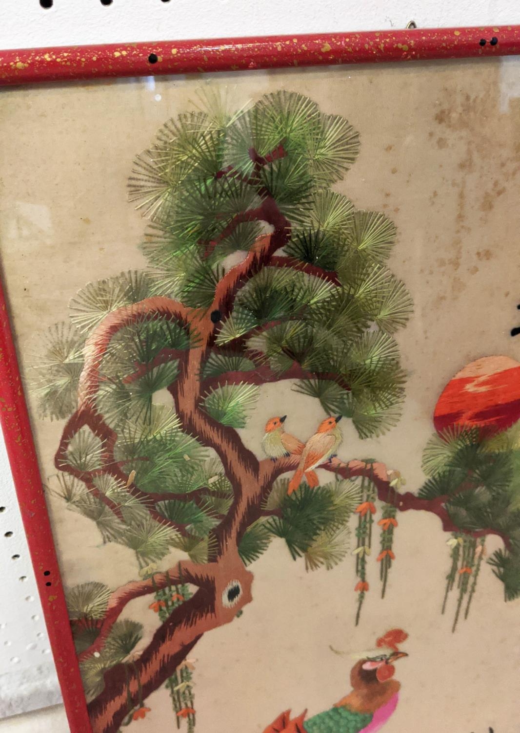 CHINESE SILK PANELS, two similar, early 20th century, each depicting a colourful bird of paradise on - Image 2 of 7