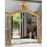 OVERMANTEL MIRROR, 19th century English giltwood and gesso moulded with arched gilt ball crest and