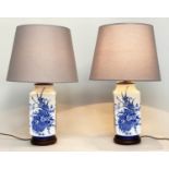 TABLE LAMPS, a pair, Chinese blue and white ceramic, of square form depicting basket of flowers. (2)