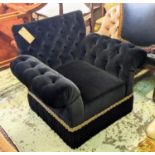 ARMCHAIR, 100cm W x 88cm H, black velvet with buttoned arms and back.