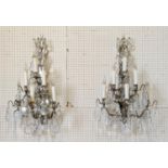 WALL SCONCES, a pair, each approx 65cm H with polished metal frames and cut glass droplets. (2)