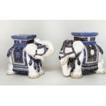 ELEPHANT GARDEN STOOLS, a pair, Chinese blue and white ceramic ceremonial elephants, 41cm. (2)