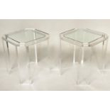LUCITE LAMP TABLES, a pair, square, glazed with cant corner Lucite support, 50cm x 50cm x 56cm H. (