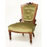 SALON CHAIR, 19th century Scottish Aesthetic carved walnut with buttoned moss green velvet