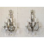 WALL SCONCES, a pair, each approx 65cm H with polished metal frames and cut glass droplets. (2)